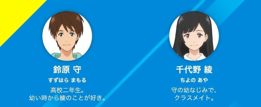 鈴原 守　すずはら まもる　高校二年生。幼い時から綾のことが好き。　千代野 綾　ちよの あや　守の幼なじみで、クラスメイト。