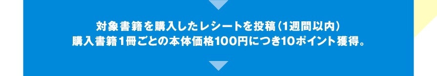 対象書籍を購入したレシートを投稿（1週間以内）購入書籍1冊ごとの本体価格100円につき10ポイント獲得。